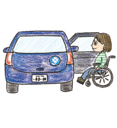 車いすに乗っている人が、自動車に乗り込もうとしている画像