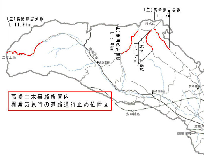 高崎土木事務所管内道路通行止め位置イメージ図