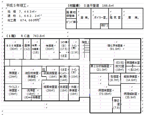 建物の画像　1階ＲＣ造、743.8平方メートル、付属棟鉄骨造平屋建て、166.6平方メートル