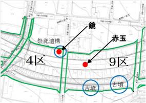 鏡と赤玉の出土位置図