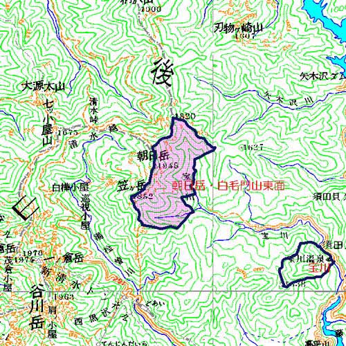 朝日岳・白毛門山東面位置図　上信越高原国立公園と接する大烏帽子山、朝日岳、笠ヶ岳、白毛門山東面一帯の地域　みなかみ町