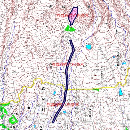 赤城神社と松並木位置図　赤城山南面の中腹部に位置する赤城神社の社叢及びその参道の松並木　前橋市