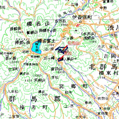 黒岩広域図　榛名山の外輪山の一部で壁岩に囲まれた黒岩（榛名山）を中心とした地域