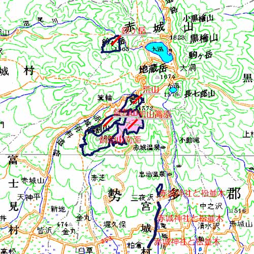 荒山高原広域図　荒山（赤城山）南面の自然草原を中心とした地域　前橋市