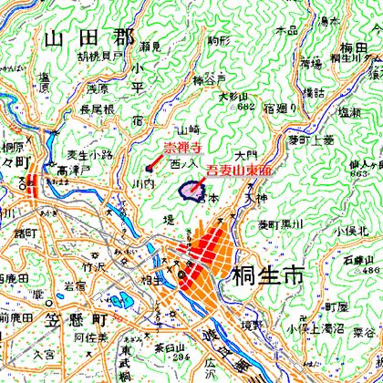 吾妻山東面広域図　桐生市街地北方の吾妻山の東面を中心とした地域