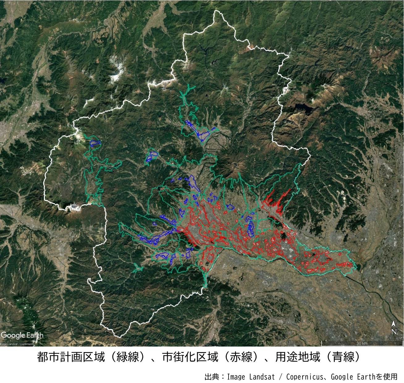 都市計画区域（緑線）、市街化区域（赤線）、用途地域（青線）