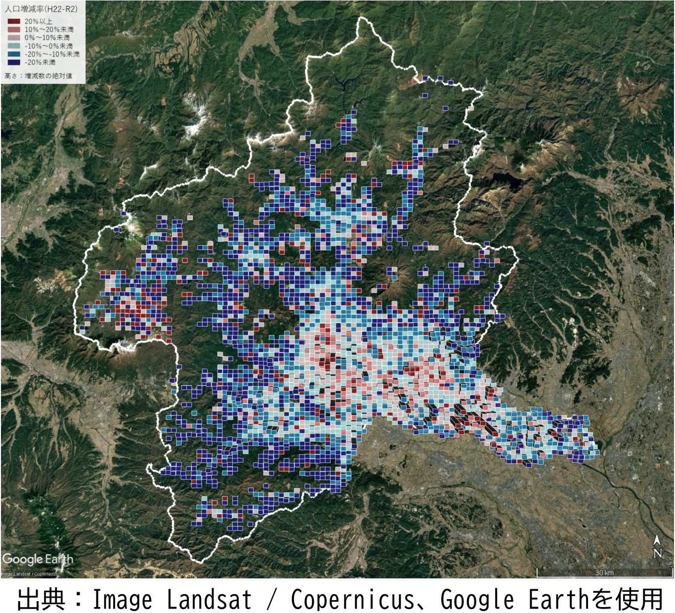 人口増減率及び増減数の分布（平成22年～令和2年）