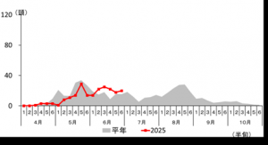 高崎市高浜町のチャバネアオカメムシのフェロモントラップへの誘殺状況のグラフの画像