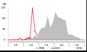 沼田市のチャバネアオカメムシの予察灯への誘殺状況のグラフの画像