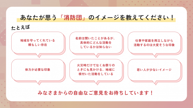 消防団のイメージについての意見投稿例　地域を守ってくれる頼もしい存在　名前は聞いたことがあるが具体的な活動は知らない　などの画像