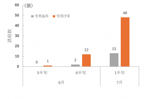 イネカメムシの予察灯への誘殺数の推移（6月５半旬から7月1半旬）の画像