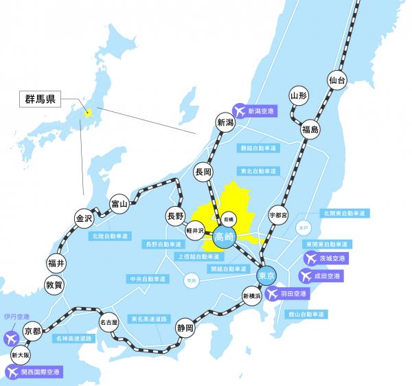 交通網を記載した群馬県高崎市を中心とした日本地図