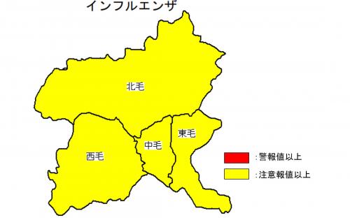 インフルエンザ発生状況の地図（全地域が注意報値以上）