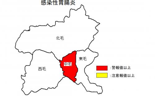 感染性胃腸炎発生状況の地図（中毛地域が警報値以上）