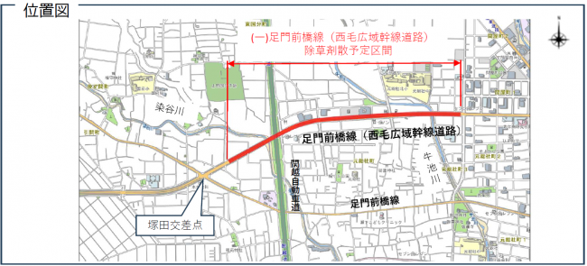 足門前橋線西毛広域幹線道路の高崎市境から元総社小東信号交差点までを示した画像
