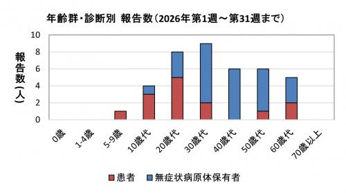 年齢群・診断別報告数(2021年)グラフ画像 腸管出血性大腸菌感染症 年齢群別 診断別報告数画像