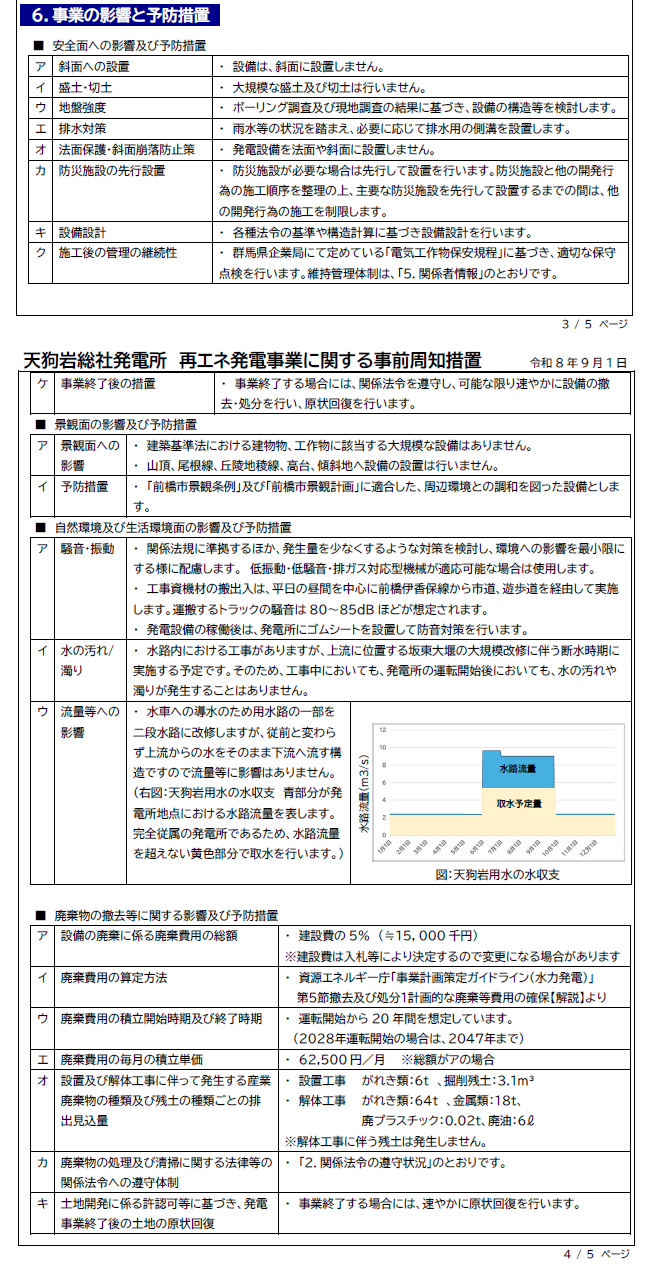 天狗岩総社発電所 事前周知資料（PDF）における事業の影響と予防措置の画像