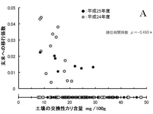 図1A 水稲栽培後の土壌の交換性カリ含量と玄米への放射性セシウム移行係数の関係(群馬県の詳細調査結果 平成24、25年度) 図1A 水稲栽培後の土壌の交換性カリ含量と玄米への放射性セシウム移行係数の関係(群馬県の詳細調査結果 平成24、25年度)